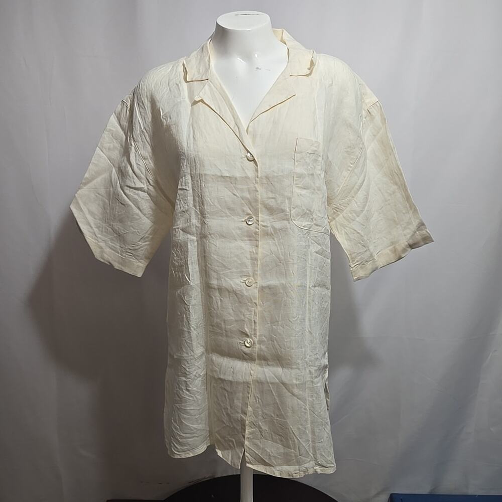 Guy Rover 100% Linen Loop Camp Collar Button Shirt Size 11 Eur 42 Ivory